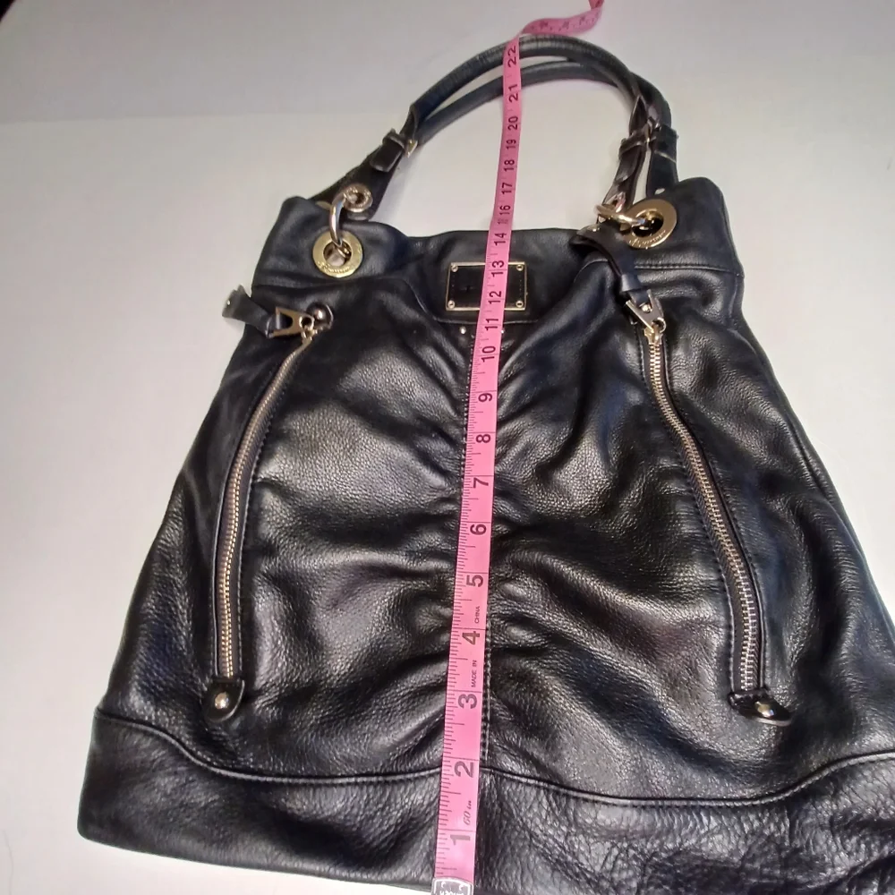 B. Makowsky Leather Hobo Style Moto Purse Shoulder Bag Black